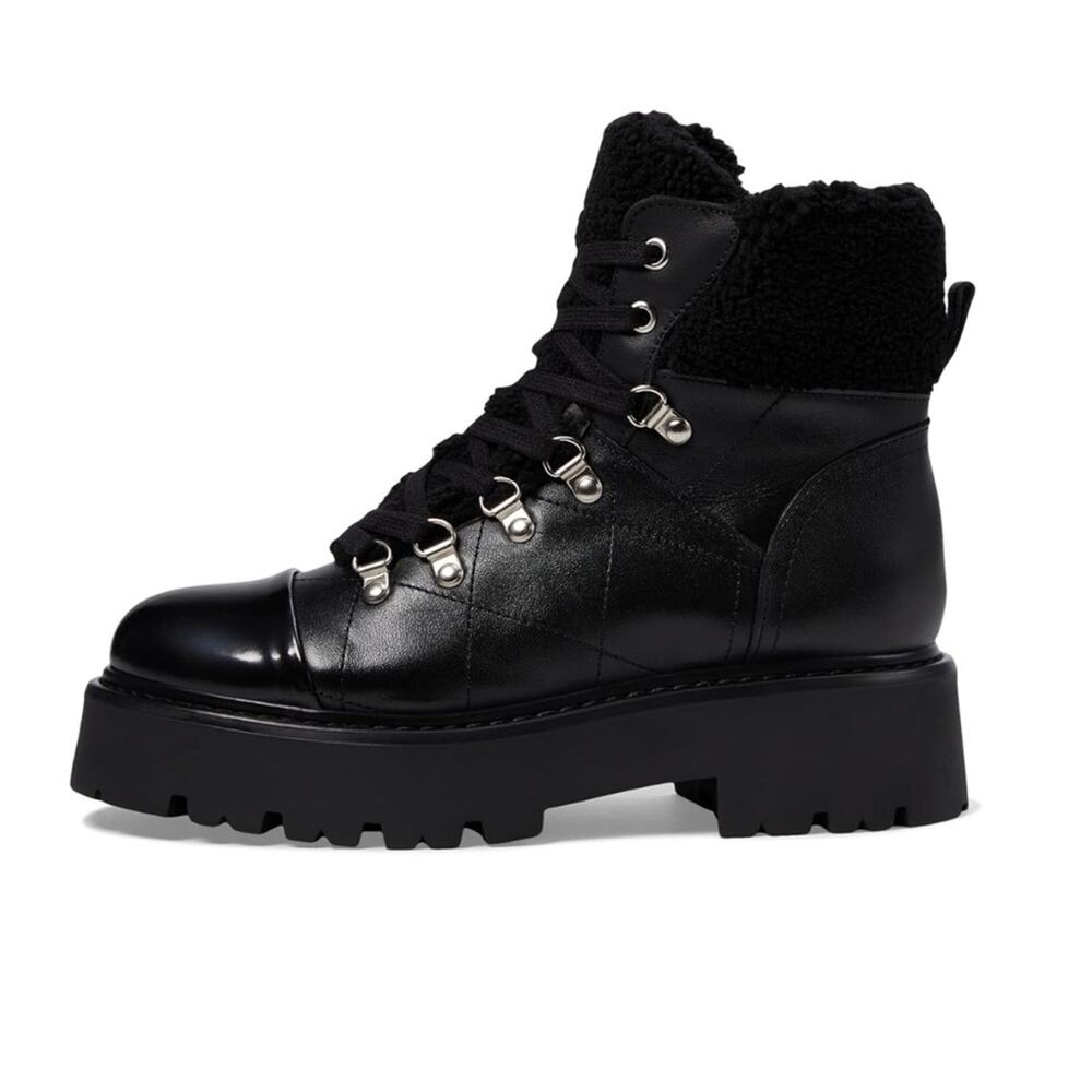 Steve Madden Black Lace-Up Platform Ankle Boots with Shearling Collar - Picture 1 of 7